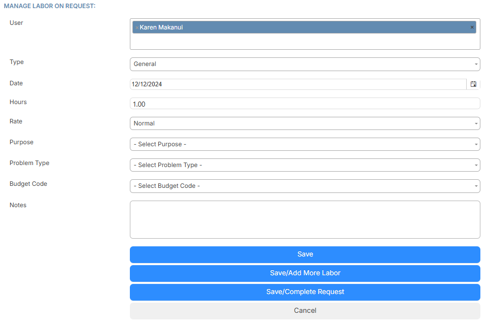 Manage labor on request page